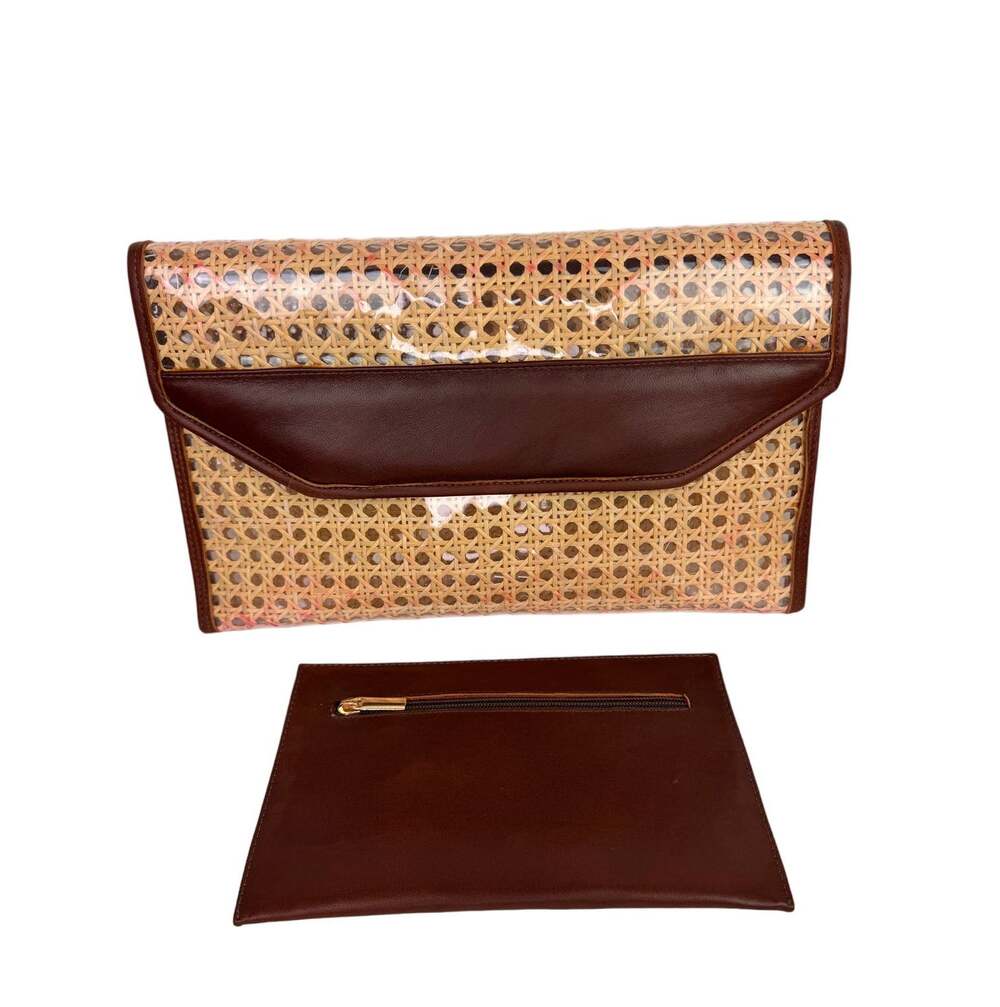 VINTAGE Raffia Rattan Leather Trim Woven Clutch Purse Handbag & Zip Pouch Bag
